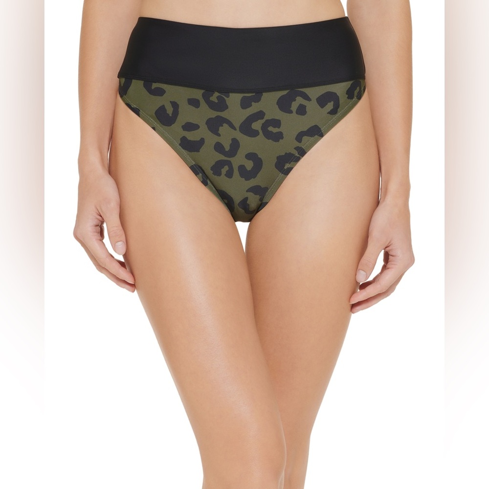 DKNY Printed High Waist Bikini Bottom in Block Leopard Moss Green (S)